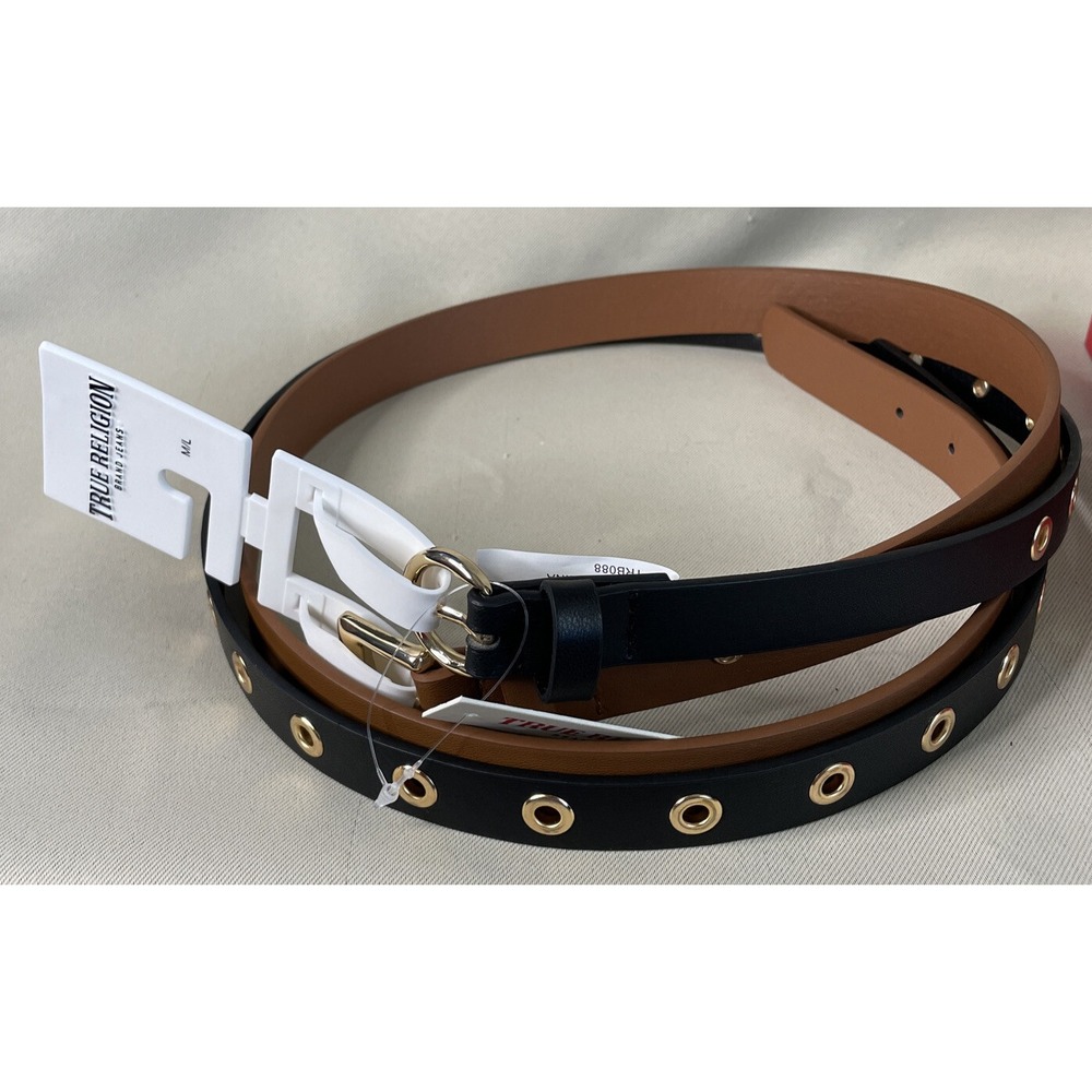 True Religion Womens M/L‎ Belt Set Black Brown Grommet Skinny 2 Pack Preppy NEW